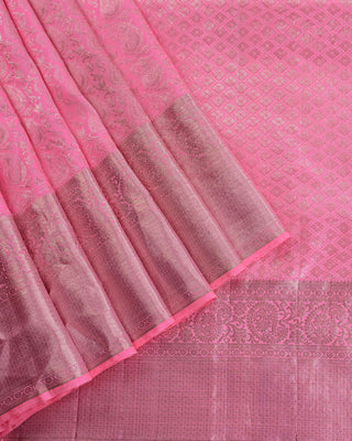 Baby pink pure silk Kanjivaram saree with silver zari paisley brocade design