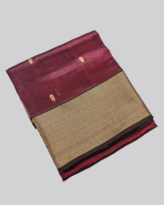 Dark Wine Handwoven Chanderi Pure Silk Saree with Antique Gold Zari Chevron Border, Floral Buttas, and Textured Pallu