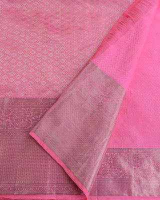 Baby pink pure silk Kanjivaram saree with silver zari paisley brocade design