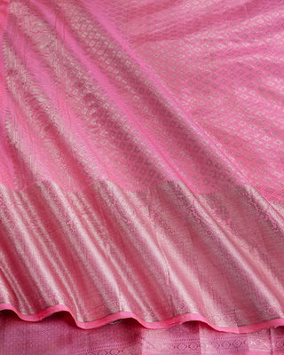Baby pink pure silk Kanjivaram saree with silver zari paisley brocade design