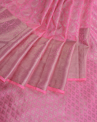 Baby pink pure silk Kanjivaram saree with silver zari paisley brocade design
