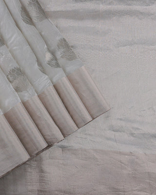 Pure White Handwoven Chanderi Silk Saree with Silver Zari Floral Motifs and Tissue Border