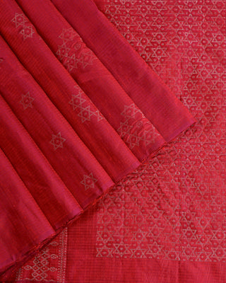 Crimson and purple dual-tone soft silk saree with silver zari star butta motifs