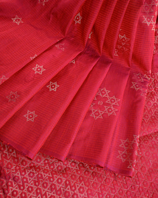 Crimson and purple dual-tone soft silk saree with silver zari star butta motifs