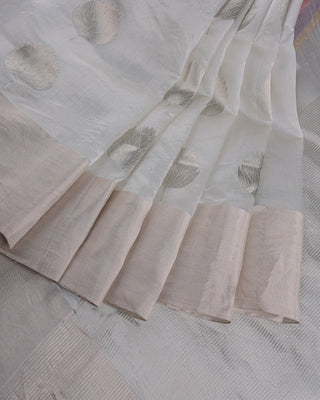 Pure White Handwoven Chanderi Silk Saree with Silver Zari Floral Motifs and Tissue Border