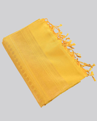 Golden yellow soft silk saree with gold zari oval motifs and peacock pallu design