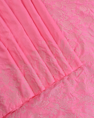 Rose pink soft silk saree with silver zari bird and floral vine border design