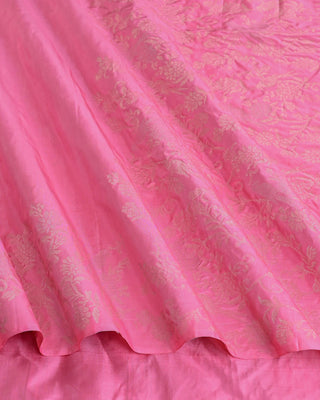 Rose pink soft silk saree with silver zari bird and floral vine border design