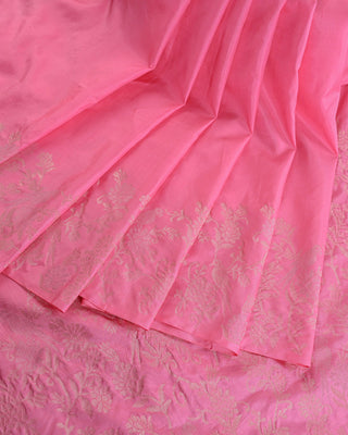 Rose pink soft silk saree with silver zari bird and floral vine border design