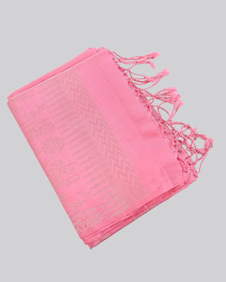 Rose pink soft silk saree with silver zari bird and floral vine border design