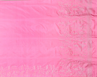 Rose pink soft silk saree with silver zari bird and floral vine border design