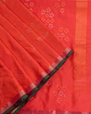 Dual tone orange and red pure silk Uppada Jamdani handloom saree with floral motifs and gold zari kaddi border