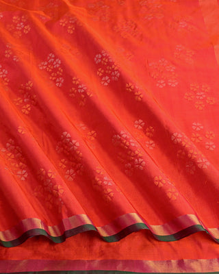 Dual tone orange and red pure silk Uppada Jamdani handloom saree with floral motifs and gold zari kaddi border