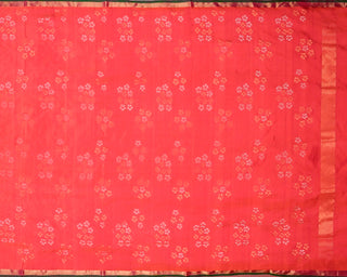Dual tone orange and red pure silk Uppada Jamdani handloom saree with floral motifs and gold zari kaddi border