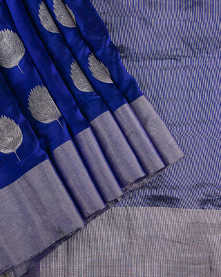 Dark Blue Handwoven Chanderi Pure Silk Saree with Silver Zari Leaf Motifs and Striped Pallu