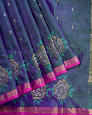 Dual tone bottle green and violet Uppada pure silk Jamdani saree with silver gold zari diamond buttas and circular rose border