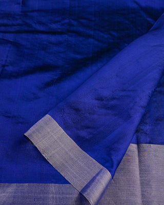 Dark Blue Handwoven Chanderi Pure Silk Saree with Silver Zari Leaf Motifs and Striped Pallu
