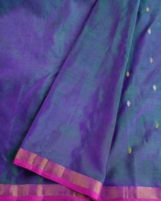 Dual tone bottle green and violet Uppada pure silk Jamdani saree with silver gold zari diamond buttas and circular rose border