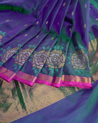 Dual tone bottle green and violet Uppada pure silk Jamdani saree with silver gold zari diamond buttas and circular rose border