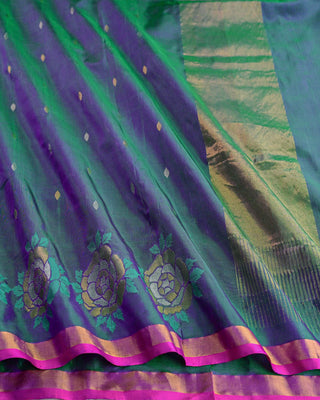 Dual tone bottle green and violet Uppada pure silk Jamdani saree with silver gold zari diamond buttas and circular rose border