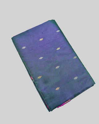 Dual tone bottle green and violet Uppada pure silk Jamdani saree with silver gold zari diamond buttas and circular rose border