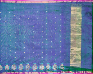 Dual tone bottle green and violet Uppada pure silk Jamdani saree with silver gold zari diamond buttas and circular rose border
