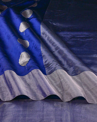 Dark Blue Handwoven Chanderi Pure Silk Saree with Silver Zari Leaf Motifs and Striped Pallu