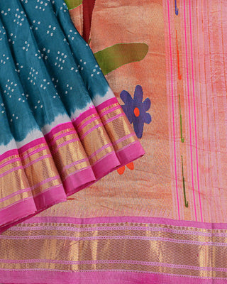Teal blue fusion pure silk handloom Paithani saree with Bandhani inspired dotted body and pink zari border