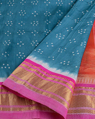 Teal blue fusion pure silk handloom Paithani saree with Bandhani inspired dotted body and pink zari border