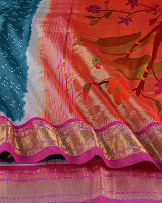 Teal blue fusion pure silk handloom Paithani saree with Bandhani inspired dotted body and pink zari border