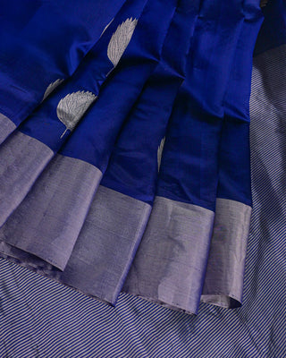 Dark Blue Handwoven Chanderi Pure Silk Saree with Silver Zari Leaf Motifs and Striped Pallu