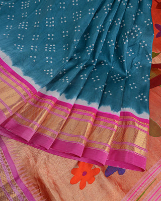 Teal blue fusion pure silk handloom Paithani saree with Bandhani inspired dotted body and pink zari border