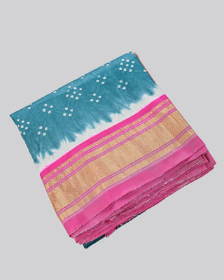 Teal blue fusion pure silk handloom Paithani saree with Bandhani inspired dotted body and pink zari border