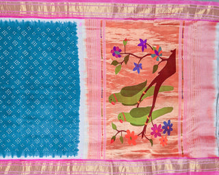 Teal blue fusion pure silk handloom Paithani saree with Bandhani inspired dotted body and pink zari border