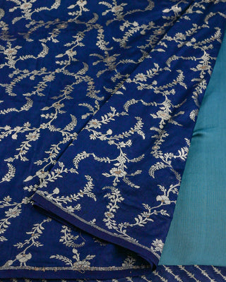Teal & Steel Blue Ombre Modal Silk Saree with Silver Chevron Zari Border