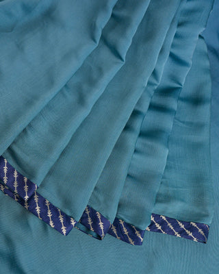 Teal & Steel Blue Ombre Modal Silk Saree with Silver Chevron Zari Border
