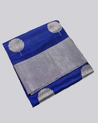 Dark Blue Handwoven Chanderi Pure Silk Saree with Silver Zari Leaf Motifs and Striped Pallu