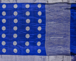 Dark Blue Handwoven Chanderi Pure Silk Saree with Silver Zari Leaf Motifs and Striped Pallu