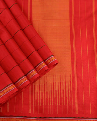 Crimson red pure silk handwoven Resham Kanjivaram saree with traditional silk thread temple border no zari green yellow accents