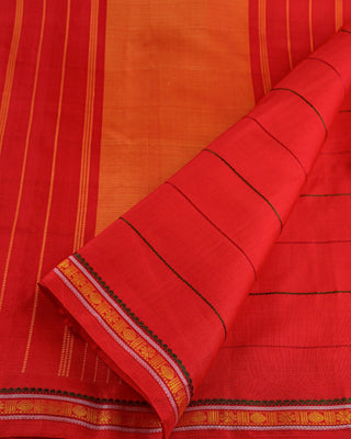 Crimson red pure silk handwoven Resham Kanjivaram saree with traditional silk thread temple border no zari green yellow accents