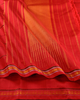 Crimson red pure silk handwoven Resham Kanjivaram saree with traditional silk thread temple border no zari green yellow accents