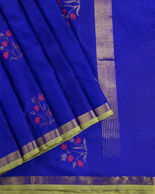 Royal ink blue pure silk Uppada Jamdani saree with contrast parrot green gold zari border and pink floral bouquet motifs