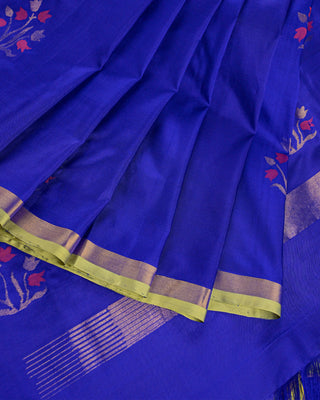 Royal ink blue pure silk Uppada Jamdani saree with contrast parrot green gold zari border and pink floral bouquet motifs