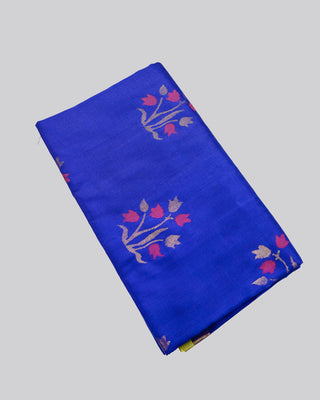 Royal ink blue pure silk Uppada Jamdani saree with contrast parrot green gold zari border and pink floral bouquet motifs