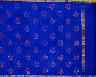 Royal ink blue pure silk Uppada Jamdani saree with contrast parrot green gold zari border and pink floral bouquet motifs