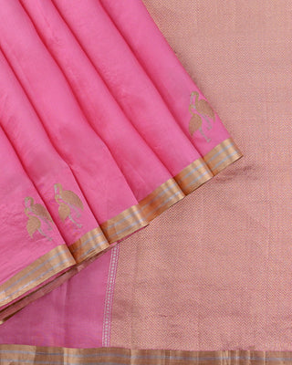 Pink Banarasi Katan silk saree with twin flamingo bird gold silver zari motifs and chevron geometric pallu design