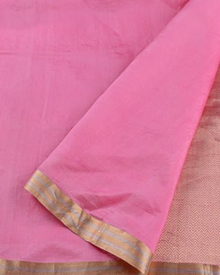 Pink Banarasi Katan silk saree with twin flamingo bird gold silver zari motifs and chevron geometric pallu design