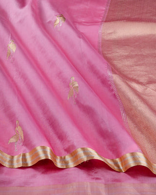 Pink Banarasi Katan silk saree with twin flamingo bird gold silver zari motifs and chevron geometric pallu design