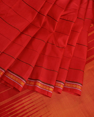 Crimson red pure silk handwoven Resham Kanjivaram saree with traditional silk thread temple border no zari green yellow accents