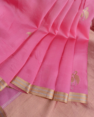 Pink Banarasi Katan silk saree with twin flamingo bird gold silver zari motifs and chevron geometric pallu design